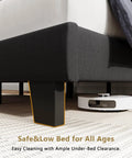 Heavy Duty Queen Bed Frame With Padded Linen Headboard, Solid As Rock Wood And Steel Slat Base, No Box Spring Required, Absolute Zero Noise, Quick One Person Setup, Matte Black For Chill Bedroom Vibes showing low-profile design and under-bed clearance.
