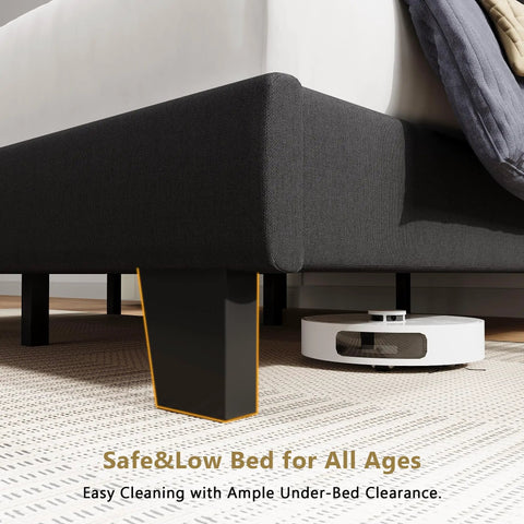 Heavy Duty Queen Bed Frame With Padded Linen Headboard, Solid As Rock Wood And Steel Slat Base, No Box Spring Required, Absolute Zero Noise, Quick One Person Setup, Matte Black For Chill Bedroom Vibes showing low-profile design and under-bed clearance.