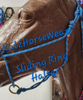 Sliding Ring Rope Halter for horse training on a mannequin head, showing blue 1/4 inch double braid marine rope design.