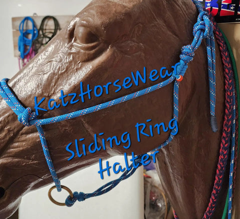 Sliding Ring Rope Halter for horse training on a mannequin head, showing blue 1/4 inch double braid marine rope design.