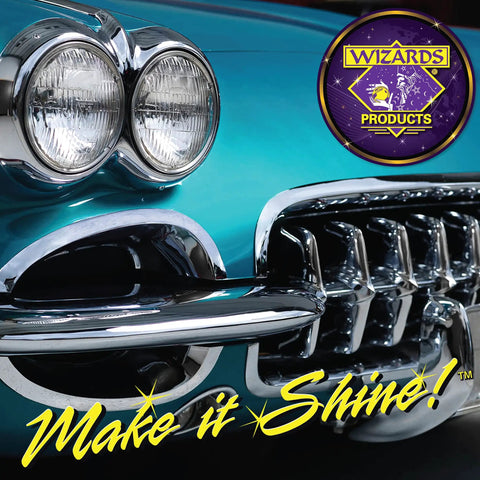 Close-up of classic car grille and headlights, highlighting shine with Wizards Select Pro Extra Cut Compound Perfect Match For Car Scratches Aggressive Cutting Action With Wool Or White Foam Pads Safe On All Paint Types Removes P1200 Grit And Finer Scratches Pro Grade Finish For Quick Paint Scratch Repair logo.
