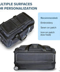 Black dance competition travel bag with aluminum rack and personalization areas for embroidery or patches. Suitable for travel and competitions.