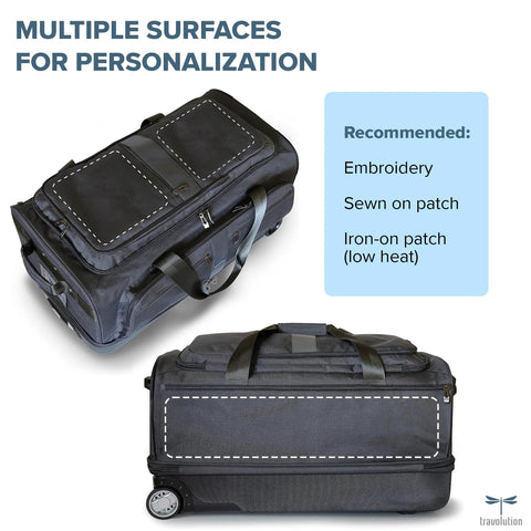 Black dance competition travel bag with aluminum rack and personalization areas for embroidery or patches. Suitable for travel and competitions.
