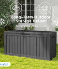 85 Gallon Outdoor Storage Box Resin Deck Box Waterproof UV Resistant With Reinforced Stability For Patio Garden And Poolside Striped Black Built To Last Storage For Cushions Toys And Tools.