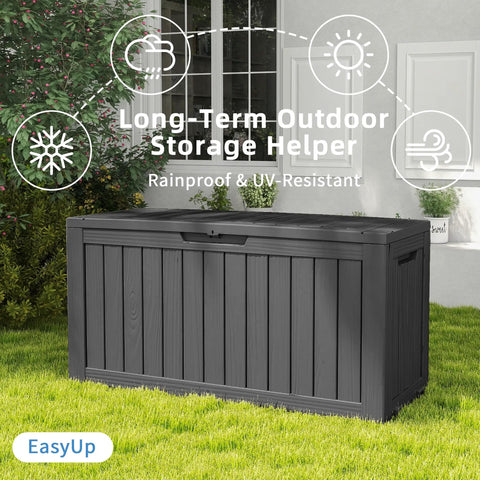 85 Gallon Outdoor Storage Box Resin Deck Box Waterproof UV Resistant With Reinforced Stability For Patio Garden And Poolside Striped Black Built To Last Storage For Cushions Toys And Tools.