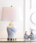 Blue And White Marble Ceramic Table Lamp In Ginger Jar Style With Brass Gold Base And White Linen Drum Shade 26 Inches Tall
