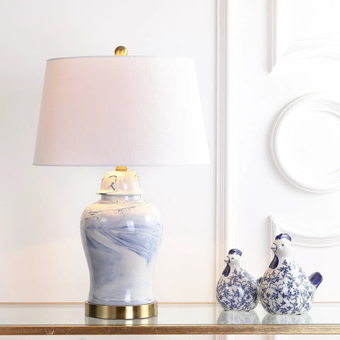 Blue And White Marble Ceramic Table Lamp In Ginger Jar Style With Brass Gold Base And White Linen Drum Shade 26 Inches Tall