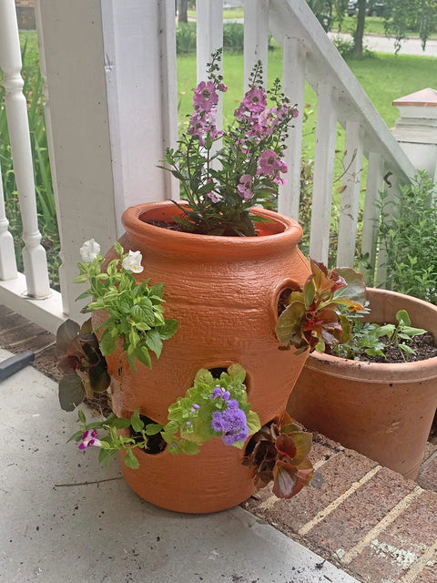 Strawberry Jar Planter With Twelve Side Openings For Herbs Flowers And Succulents Durable Lightweight Terra Cotta Colored Plastic Garden Container For Patio Balcony Backyard Deck Outdoor Or Indoor Use shown on porch with flowers.