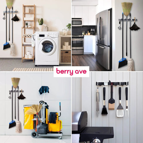 Beefy Heavy Duty Broom Wall Mount Organizer With Four Slots And Four Hooks For Brooms Mops Rakes And Garden Tools Holds Up To 1.25 Inches Handles Indoors Or Outdoors Storage For Kitchen Garage And Laundry Room displayed in various settings