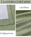 Close-up of Light Sage Double Layer Blackout Linen Curtains For Living Room And Bedroom, 96 Inch Long Pinch Pleat Drapes With Hooks and Rings, Room Darkening, Cozy Soft Green Vibe showing linen blend texture and blackout liner.