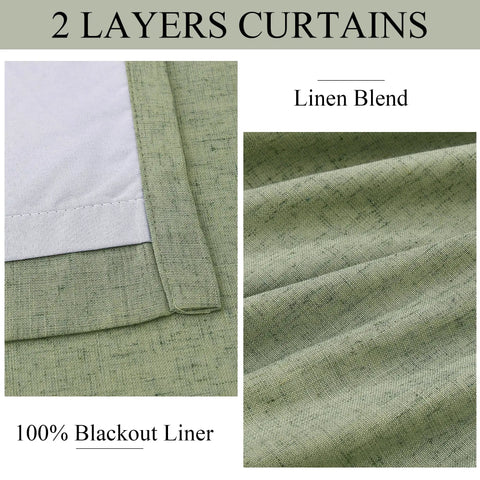 Close-up of Light Sage Double Layer Blackout Linen Curtains For Living Room And Bedroom, 96 Inch Long Pinch Pleat Drapes With Hooks and Rings, Room Darkening, Cozy Soft Green Vibe showing linen blend texture and blackout liner.