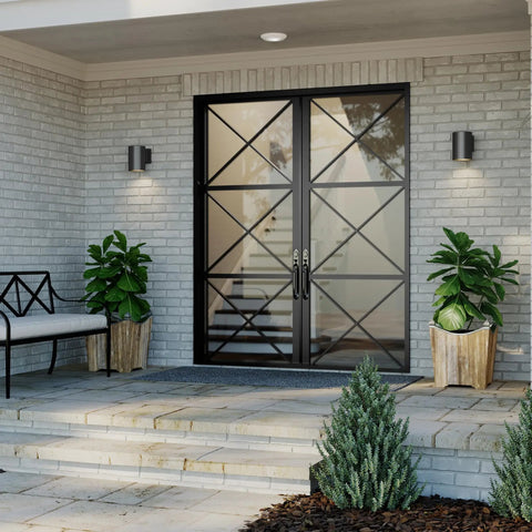 5 Inch Black Modern Outdoor Wall Lantern Light for Patio and Exterior, cylindrical design on brick wall by glass doors