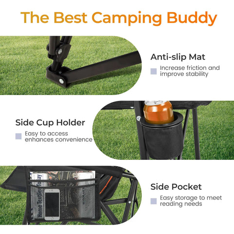 Anti-slip mat, side cup holder, and side pocket of Beefy Oversized Heavy Duty Folding Camping Chair With High Back And Headrest 500 LB Capacity Side Pocket Built For Lawn Fishing Sports And All Outdoors 2 Pack