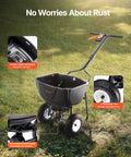 Walk Behind Broadcast Spreader For Lawn And Garden, 60 Lb Capacity, Adjustable Spreading From 0 To 9.8 Feet, black push spreader on lawn