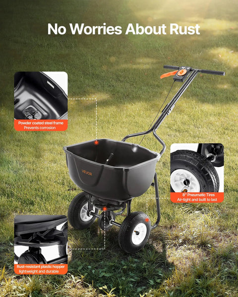 Walk Behind Broadcast Spreader For Lawn And Garden, 60 Lb Capacity, Adjustable Spreading From 0 To 9.8 Feet, black push spreader on lawn