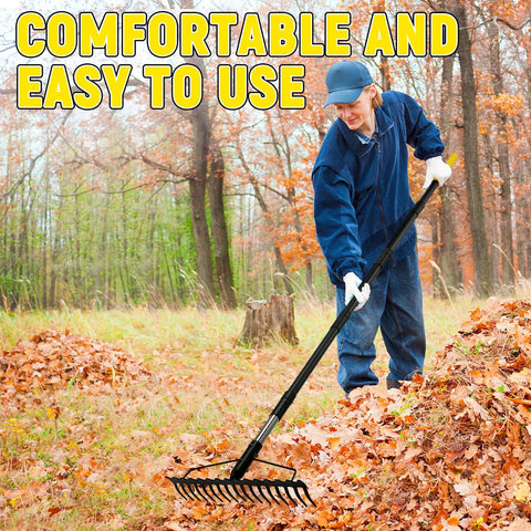 Person using Heavy Duty Bow Rake With 68 Inch Adjustable Handle, 17 Steel Tines, Dual Sided Metal Garden Tool for yard cleanup.
