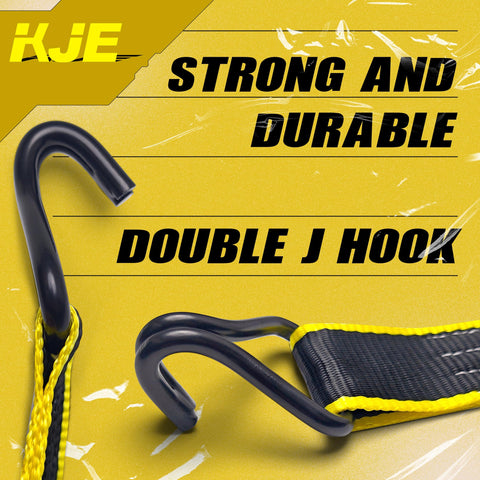 Heavy Duty Ratchet Straps 6 Pack 2 Inch By 15 Foot With J Hooks 5500 Lbs Max Break Strength, double J hook close-up