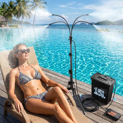 Outdoor Patio Mister System With Four-Gallon Water Bucket And Pump by a poolside, spraying mist, woman relaxing on a lounge chair
