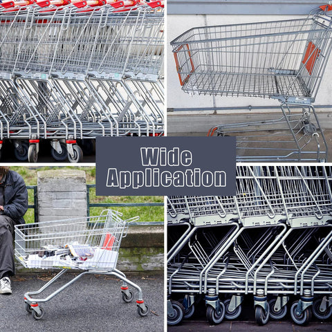 Collage of shopping carts with 5 Inch Shopping Cart Replacement Wheels Kit With Polyurethane Tread Stepped And Full Tread Face Double Ball Bearing Silent TPU Caster Wheels With Screws For Supermarkets 250 Lb Capacity Per Wheel 4 Pack Grey.