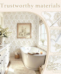 Beige Floral Peel And Stick Wallpaper With Delicate Arched Accents in elegant bathroom setting, featuring waterproof vinyl material.