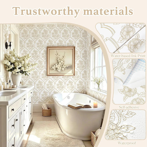 Beige Floral Peel And Stick Wallpaper With Delicate Arched Accents in elegant bathroom setting, featuring waterproof vinyl material.