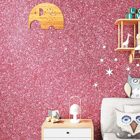 Pink Glitter Wallpaper Peel And Stick For Girls Bedroom Self Adhesive Glitter Contact Paper Waterproof And Durable Decor For Cabinets And Crafts Cute Glam DIY Friendly Peel And Stick Design Easy To Apply And Remove 15.8 x 78.8 Inches shown on wall with owl decor and clock.