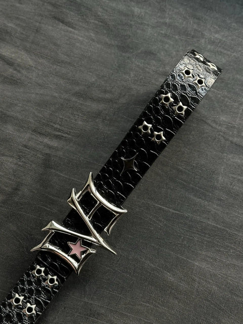 Dope Y2K Punk Star Belt Featuring Heavy Rivet Gothic Waist Strap With Adjustable Geometric Star Buckle in black faux leather.
