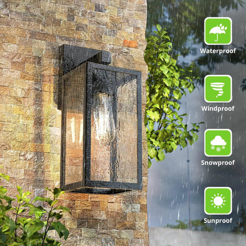 Durable Black Exterior Wall Lanterns With Hella Weatherproof Build For Backyards And Patios, mounted on textured wall, rain in background.