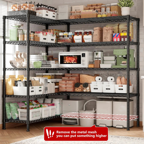 Beefy 70 Inch Wide Garage Storage Shelves Heavy Duty Metal Shelving Unit With 1600 Lbs Capacity L Shaped Configurable Design For Left Or Right Setup Tall 72 Inch Storage Rack Perfect For Workshop And Garage, loaded with pantry items