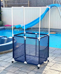 Big Pool Gear Organizer With Towel Bars And Mesh Rolling Bin near pool, extra large outdoor storage in blue and white.