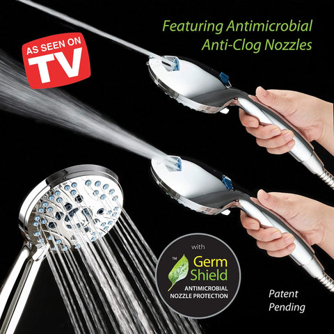 High Pressure 50 Mode Rain And Handheld Shower Head Combo With Anti Clog Nozzles, 3 Way Operation, Extra Long 6 Foot Stainless Steel Hose, All Chrome Finish, Built For Tub Tile Pet Washing And Power Wash