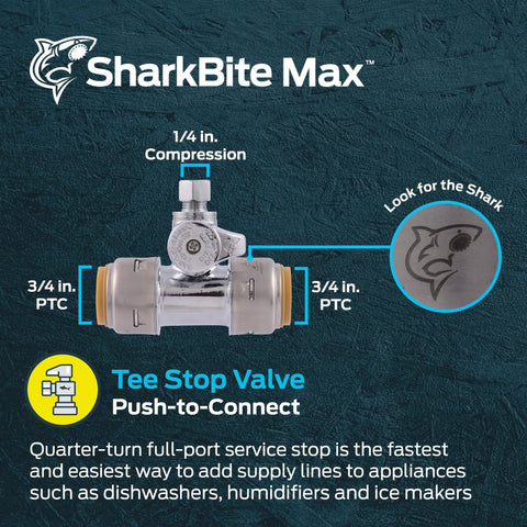 Heavy Duty Brass Push To Connect Tee Stop Valve Featuring Rotating Quarter Inch Compression Outlet for ice makers and dishwashers.