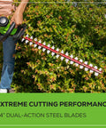 Person using 40V Cordless Hedge Trimmer With 24-Inch Steel Blades 1-Inch Cutting Capacity in garden