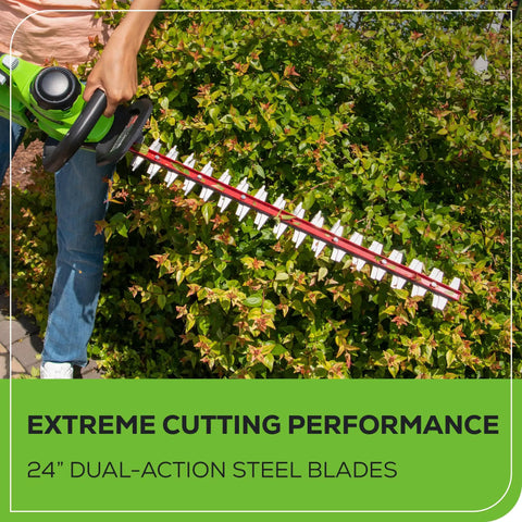 Person using 40V Cordless Hedge Trimmer With 24-Inch Steel Blades 1-Inch Cutting Capacity in garden
