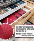 Open drawer showing Heavy Duty Tool Box Liner 18 Inch By 24 Feet 3 mm Thick Stay Put Surface, red textured liner with kitchen tools.