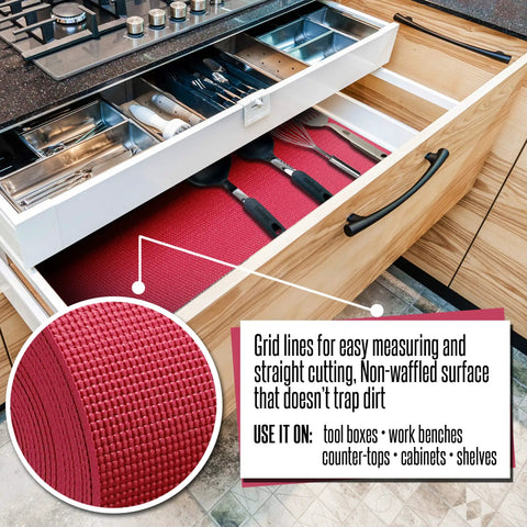 Open drawer showing Heavy Duty Tool Box Liner 18 Inch By 24 Feet 3 mm Thick Stay Put Surface, red textured liner with kitchen tools.