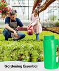 Gardener and child in greenhouse, foreground shows green container with "Gardening Essential" text, focus on planting activity