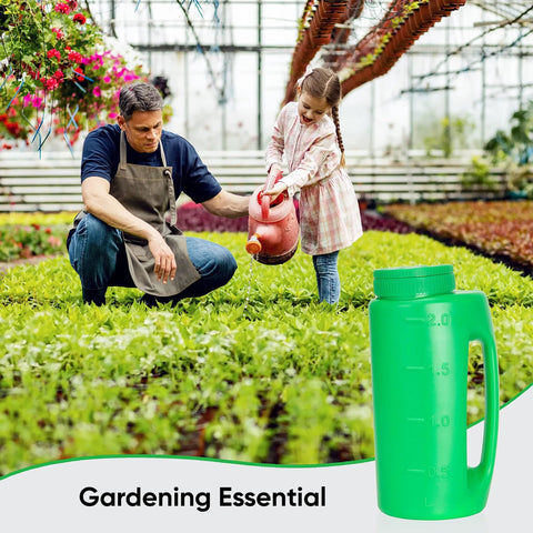 Gardener and child in greenhouse, foreground shows green container with "Gardening Essential" text, focus on planting activity