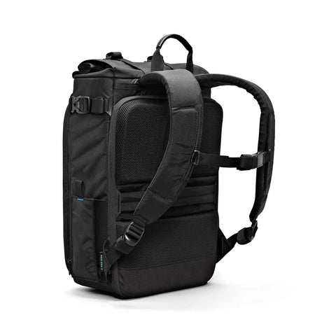 Back view of City Commuter Camera Backpack with 18 Liter Rolltop Closure, Dedicated Mirrorless Camera Rear Compartment, Padded Laptop Sleeves