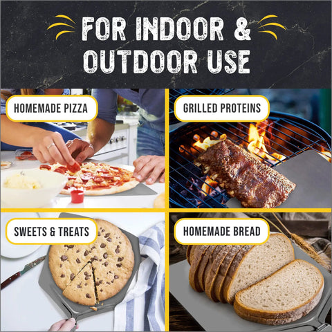 Image showing uses of Extra Large Stainless Steel Pizza Peel With Folding Handle For Indoors Or Outdoors Ovens Dishwasher Safe Metal Pizza Paddle 13 Inch By 15 Inch Heavy Duty Pro Grade Oven Accessory For Easy Pie Lifts And Quick Cleanup, including homemade pizza, grilled proteins, sweets, and homemade bread.