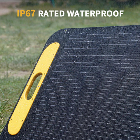 Close-up of corner and handle on 200W Foldable Solar Panel Kit with Stand for Power Stations, 19V Output, 23% Efficiency, IP67 Waterproof.