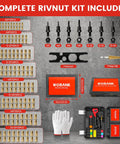 One Hand Rivet Nut Tool Kit All In One For Tight Spaces With 8 Inch Tool And 160 Nuts, 8 Mandrels, step drill, wrench, gloves, case