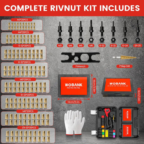 One Hand Rivet Nut Tool Kit All In One For Tight Spaces With 8 Inch Tool And 160 Nuts, 8 Mandrels, step drill, wrench, gloves, case