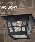 Herrington Two Light Outdoor Ceiling Flush Mount Fixture in black for patio and exterior spaces, transitional outdoor lighting.