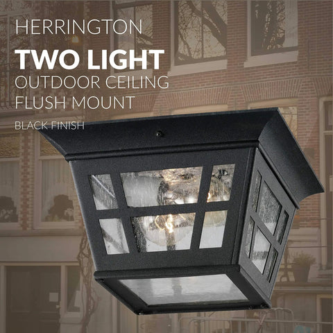 Herrington Two Light Outdoor Ceiling Flush Mount Fixture in black for patio and exterior spaces, transitional outdoor lighting.