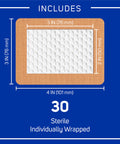 Diagram of Extra Large Fabric Adhesive Bandages 3x4 Inches Nonstick Breathable Flexible Wound Care packaging includes 30 count