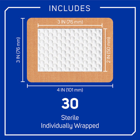 Diagram of Extra Large Fabric Adhesive Bandages 3x4 Inches Nonstick Breathable Flexible Wound Care packaging includes 30 count