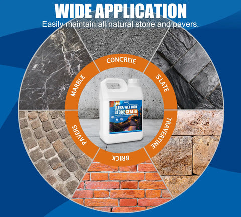 Top Shelf Wet Look Stone Sealer And Concrete Shield with jug, shown on marble, concrete, slate, travertine, brick, and pavers.