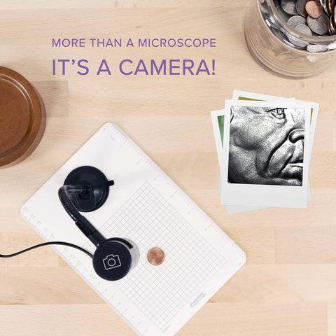 250x USB Digital Microscope With Flexible Arm Stand, 2MP Micro Camera, Handheld USB And USB C, Compatible With Windows Mac ChromeOS Linux Android iPad, Ideal For Electronics Soldering And Coin Microinspections. Microscope on desk with coin and printed close-up image