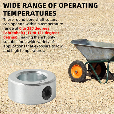 Four Pack Zinc Plated Carbon Steel Shaft Collar Set With Screw Style Bore Three Quarter Inch Bore One And Quarter Inch Outer Diameter And Nine Sixteenth Inch Width For Automotive And Industrial Use Built To Last next to wheelbarrow on gravel